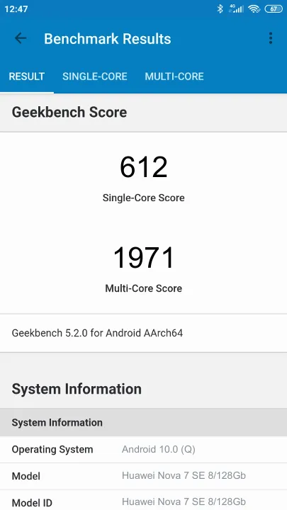 Pontuações do Huawei Nova 7 SE 8/128Gb Geekbench Benchmark