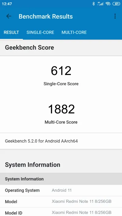 نتائج اختبار Xiaomi Redmi Note 11 8/256GB Geekbench المعيارية