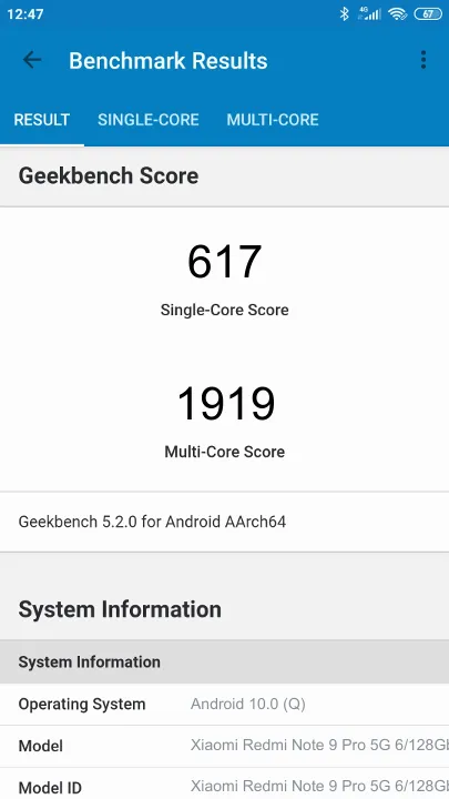 Wyniki testu Xiaomi Redmi Note 9 Pro 5G 6/128Gb Geekbench Benchmark