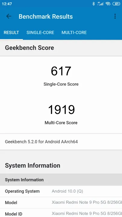 Xiaomi Redmi Note 9 Pro 5G 8/256Gb Geekbench benchmark: classement et résultats scores de tests