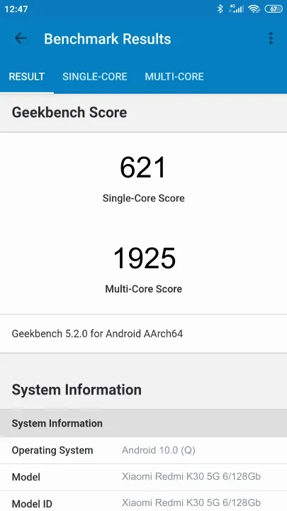 Wyniki testu Xiaomi Redmi K30 5G 6/128Gb Geekbench Benchmark