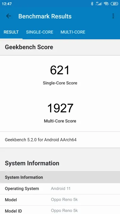 Wyniki testu Oppo Reno 5k Geekbench Benchmark
