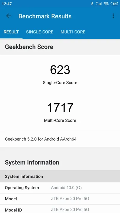 ZTE Axon 20 Pro 5G Geekbench benchmark score results