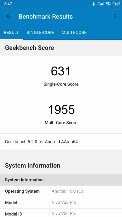 Vivo V20 Pro的Geekbench Benchmark测试得分