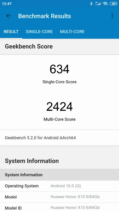 Wyniki testu Huawei Honor X10 6/64Gb Geekbench Benchmark