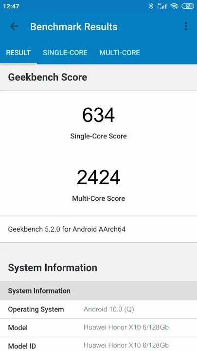 Huawei Honor X10 6/128Gb תוצאות ציון מידוד Geekbench