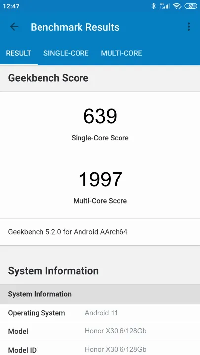 Honor X30 6/128Gb Geekbench benchmark: classement et résultats scores de tests
