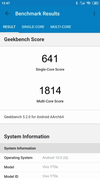 Vivo Y70s Geekbench benchmark score results