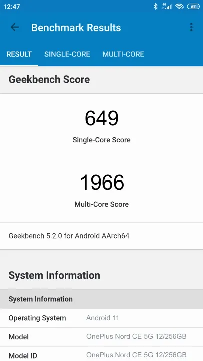 Wyniki testu OnePlus Nord CE 5G 12/256GB Geekbench Benchmark