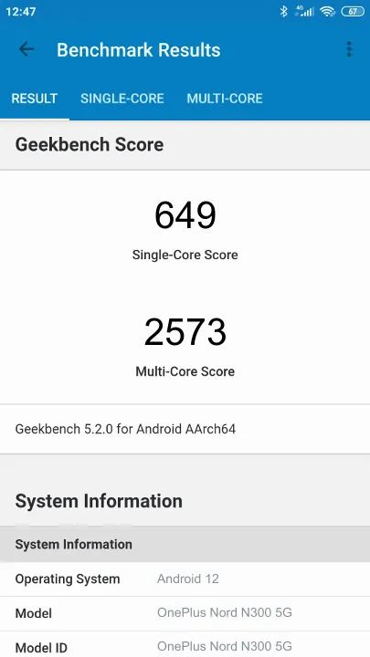 Test OnePlus Nord N300 5G Geekbench Benchmark