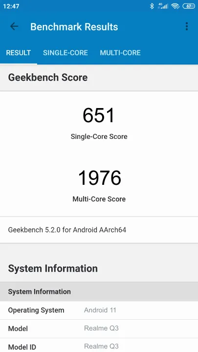 Wyniki testu Realme Q3 Geekbench Benchmark