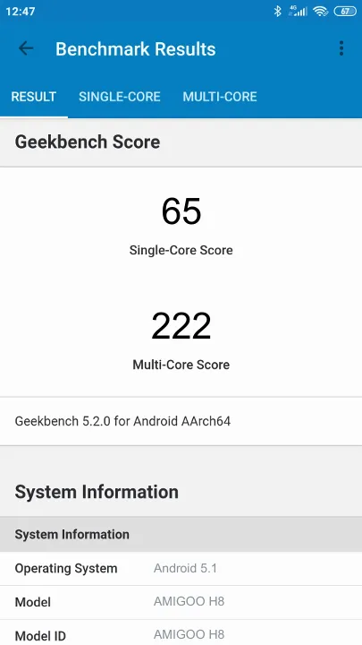 AMIGOO H8的Geekbench Benchmark测试得分