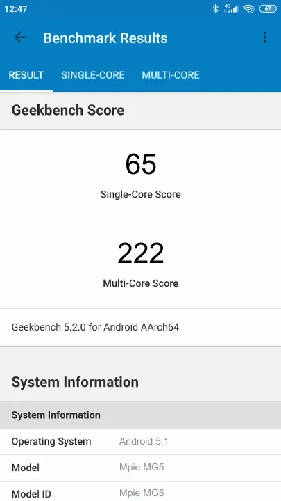 Mpie MG5 Geekbench benchmark: classement et résultats scores de tests