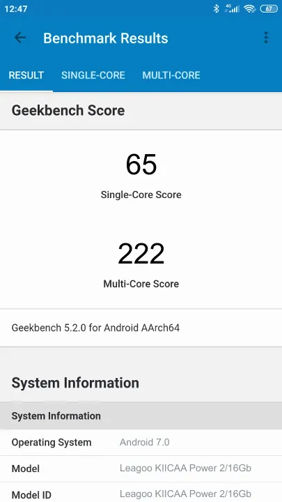 Wyniki testu Leagoo KIICAA Power 2/16Gb Geekbench Benchmark
