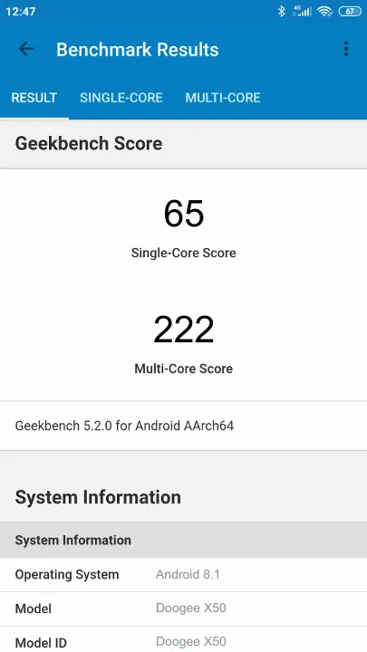 Βαθμολογία Doogee X50 Geekbench Benchmark