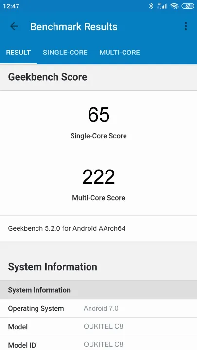 OUKITEL C8 Geekbench Benchmark점수