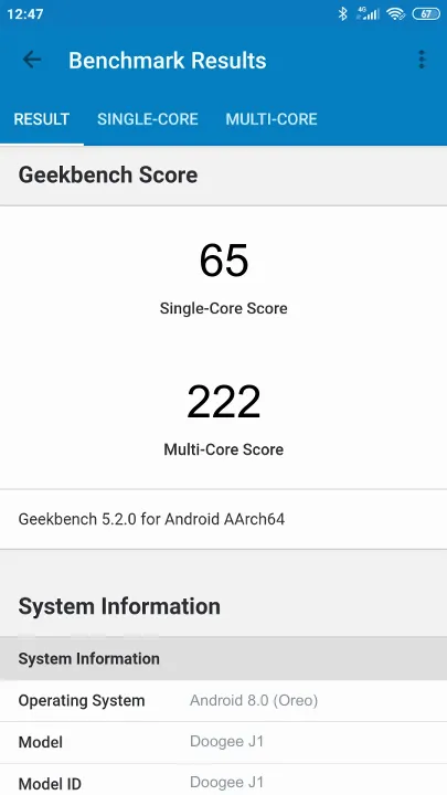 Doogee J1的Geekbench Benchmark测试得分