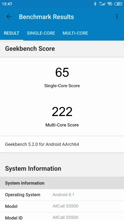 نتائج اختبار AllCall S5500 Geekbench المعيارية