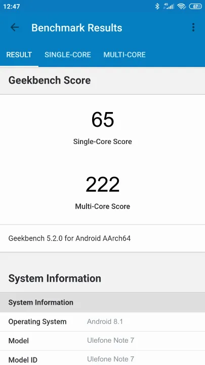 Punteggi Ulefone Note 7 Geekbench Benchmark