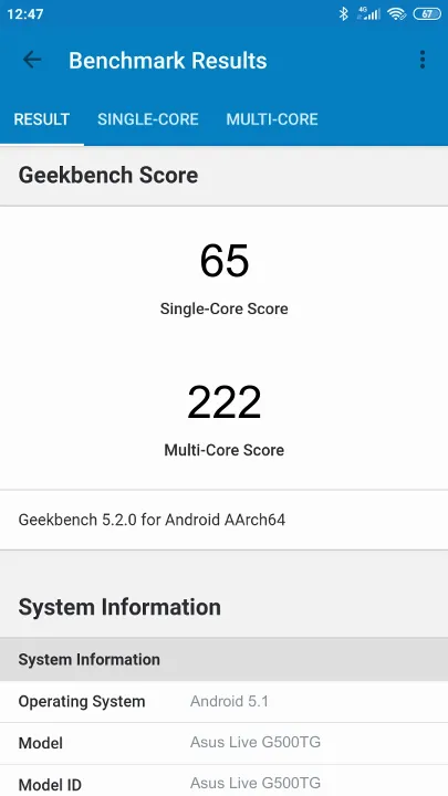 Βαθμολογία Asus Live G500TG Geekbench Benchmark