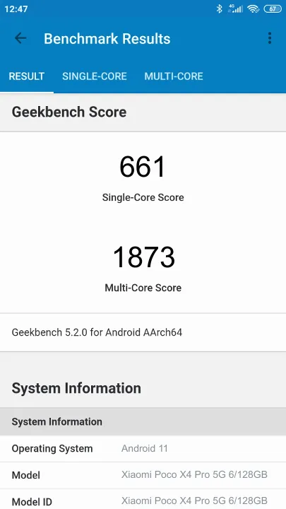 Wyniki testu Xiaomi Poco X4 Pro 5G 6/128GB Geekbench Benchmark