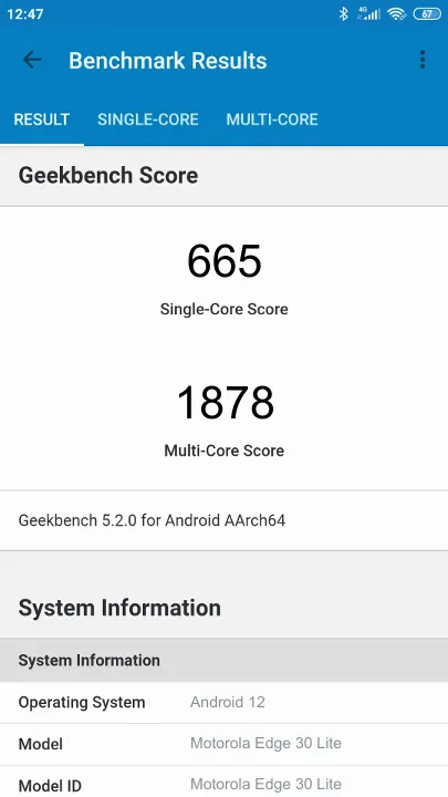 Motorola Edge 30 Lite的Geekbench Benchmark测试得分