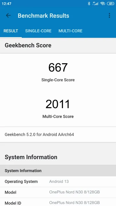 Βαθμολογία OnePlus Nord N30 8/128GB Geekbench Benchmark