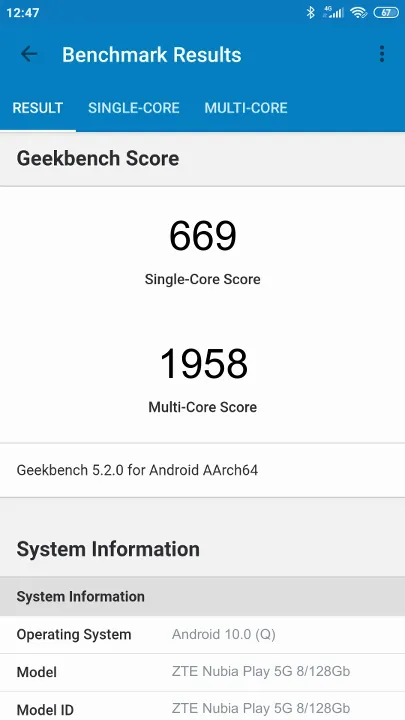 ZTE Nubia Play 5G 8/128Gb Geekbench benchmark score results