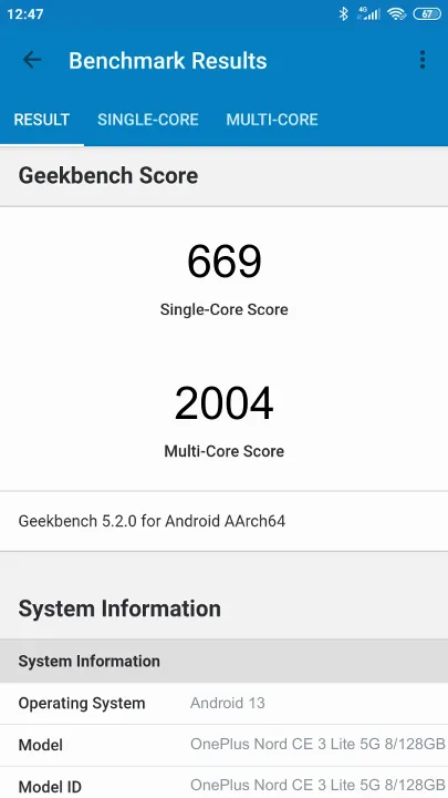 OnePlus Nord CE 3 Lite 5G 8/128GB Geekbench benchmarkresultat-poäng