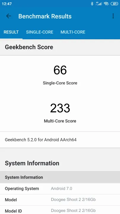 Doogee Shoot 2 2/16Gb Geekbench benchmark score results