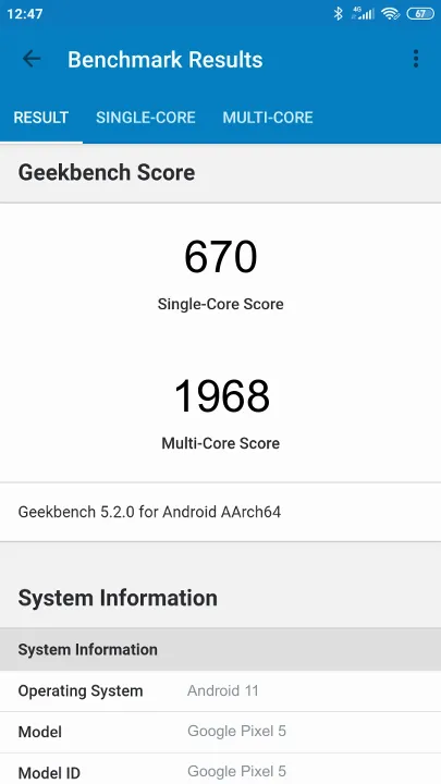 Google Pixel 5 Geekbench Benchmark점수