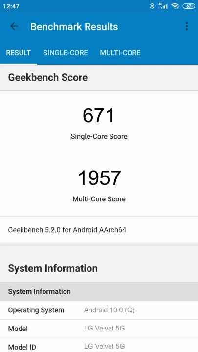 LG Velvet 5G Geekbench Benchmark점수