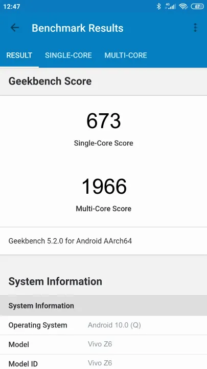Pontuações do Vivo Z6 Geekbench Benchmark