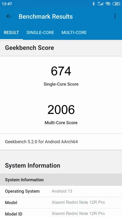 Pontuações do Xiaomi Redmi Note 12R Pro Geekbench Benchmark