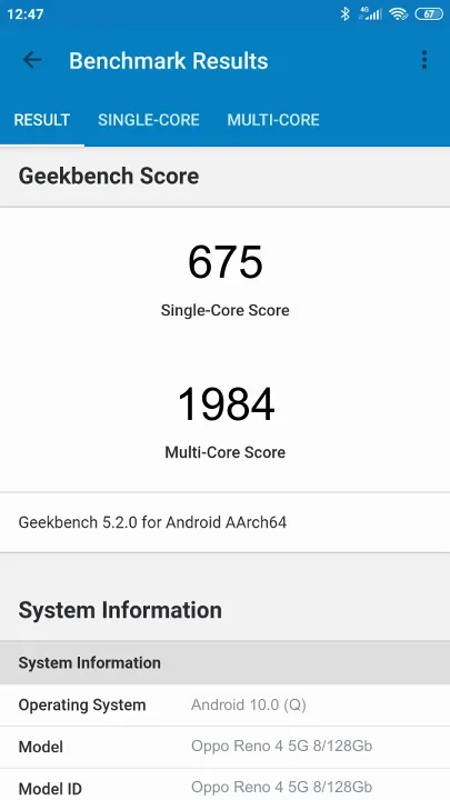 نتائج اختبار Oppo Reno 4 5G 8/128Gb Geekbench المعيارية