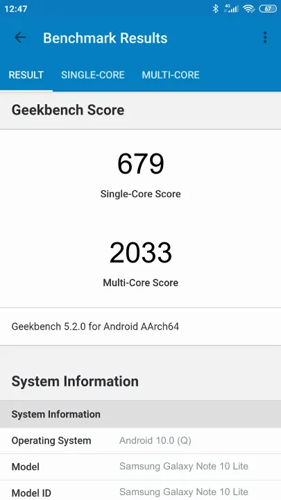 Samsung Galaxy Note 10 Lite的Geekbench Benchmark测试得分