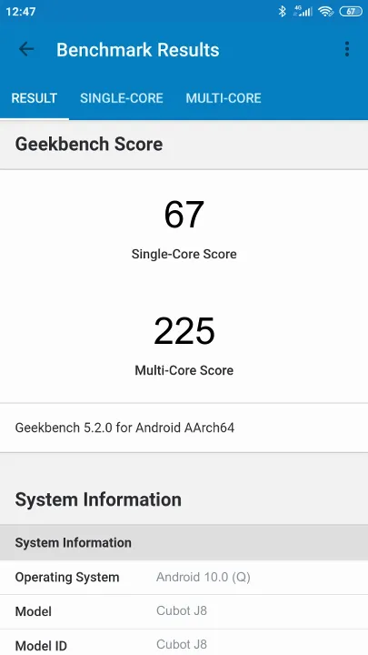 Cubot J8的Geekbench Benchmark测试得分