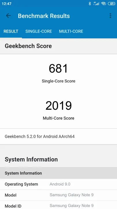 Samsung Galaxy Note 9 Geekbench benchmark ranking