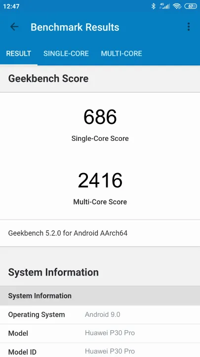 Βαθμολογία Huawei P30 Pro Geekbench Benchmark