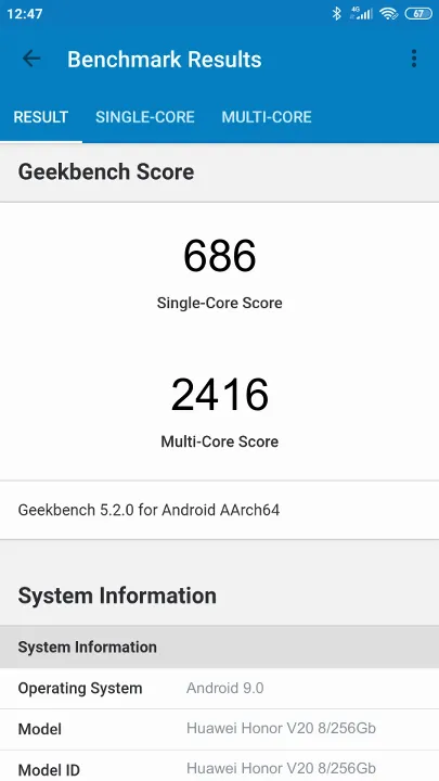 Pontuações do Huawei Honor V20 8/256Gb Geekbench Benchmark