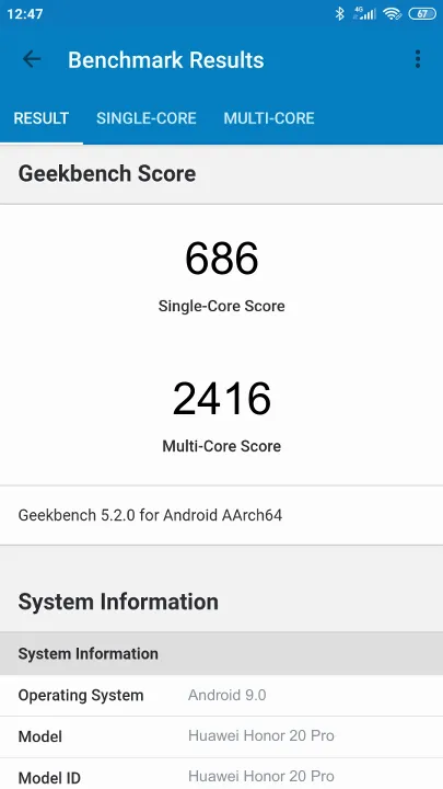 Huawei Honor 20 Pro תוצאות ציון מידוד Geekbench
