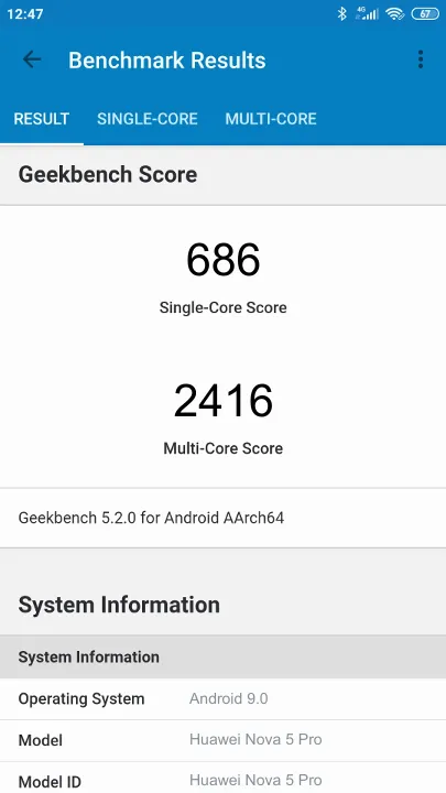 Wyniki testu Huawei Nova 5 Pro Geekbench Benchmark