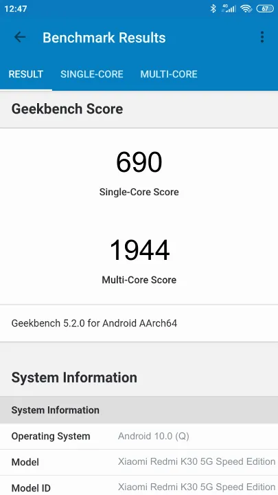 نتائج اختبار Xiaomi Redmi K30 5G Speed Edition 6/128Gb Geekbench المعيارية