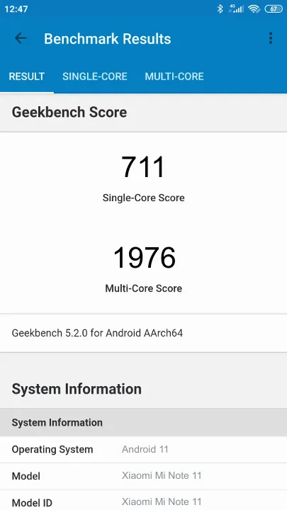 Xiaomi Mi Note 11的Geekbench Benchmark测试得分