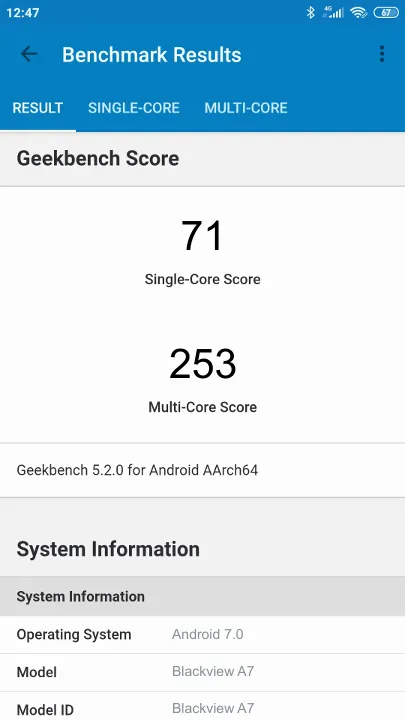 Blackview A7 Geekbench benchmark score results