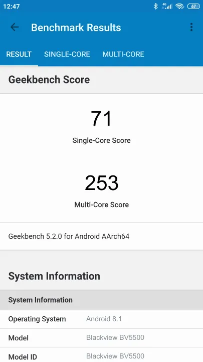Blackview BV5500 Geekbench benchmark score results