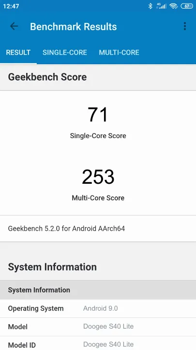 Doogee S40 Lite的Geekbench Benchmark测试得分