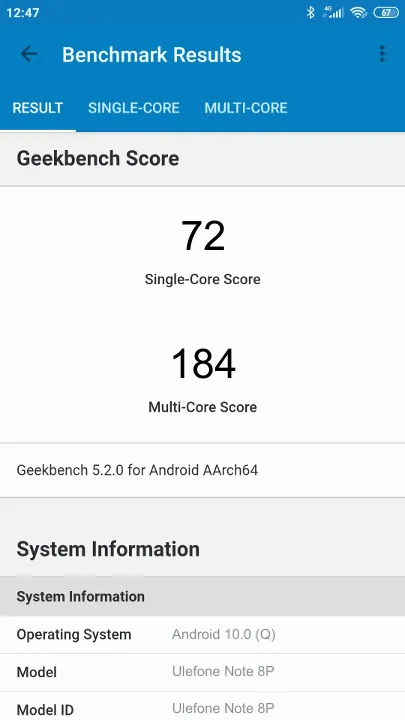 Skor Ulefone Note 8P Geekbench Benchmark