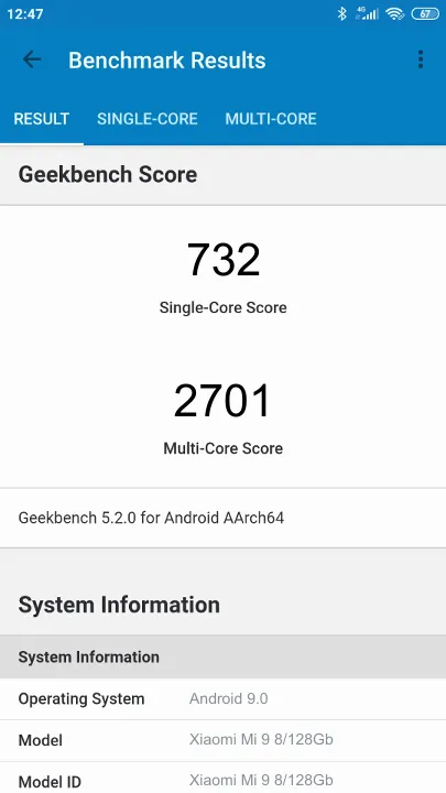 Wyniki testu Xiaomi Mi 9 8/128Gb Geekbench Benchmark