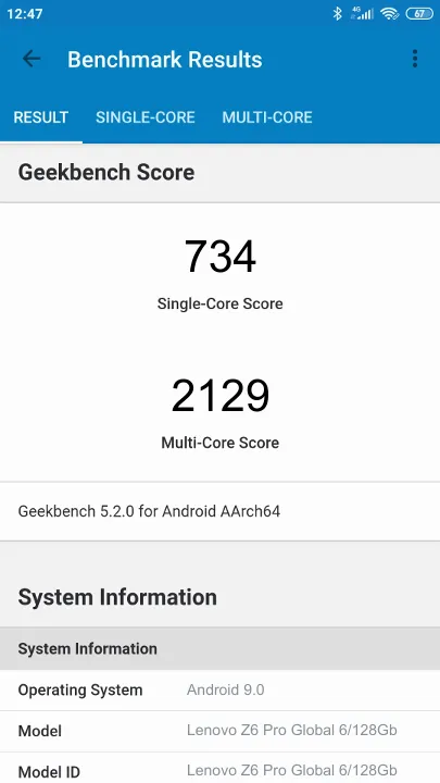 Pontuações do Lenovo Z6 Pro Global 6/128Gb Geekbench Benchmark
